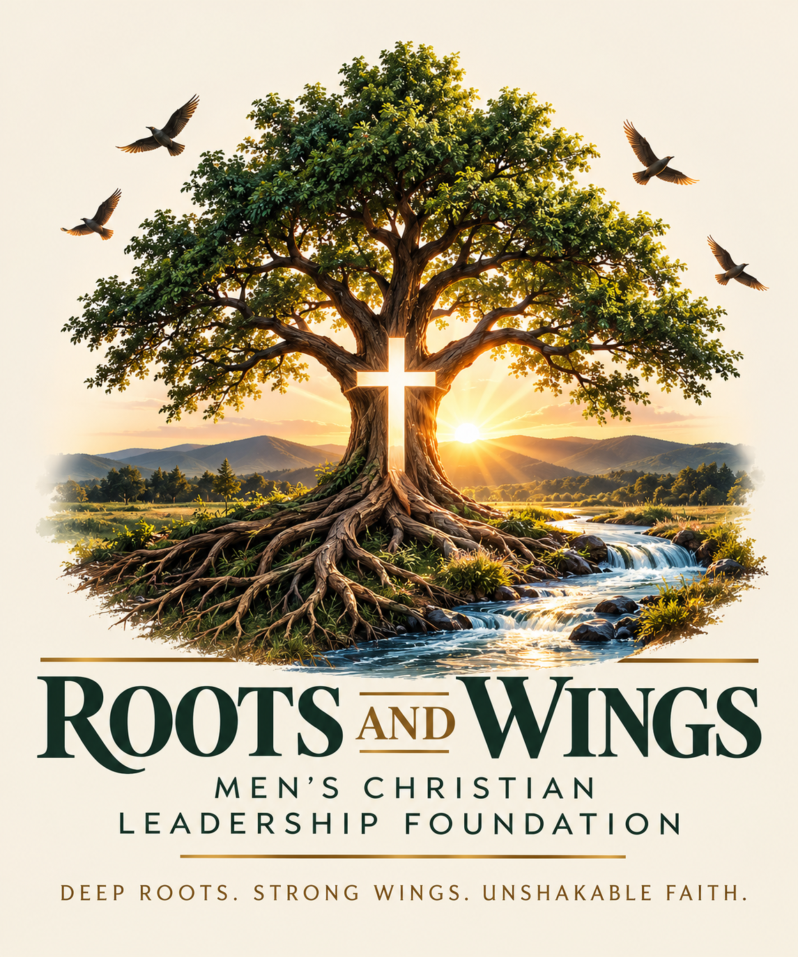 Roots and Wings Men’s Christian Leadership Foundation: a tree with deep roots, a glowing cross, a river and birds. Deep Roots. Strong Wings. Unshakable Faith.