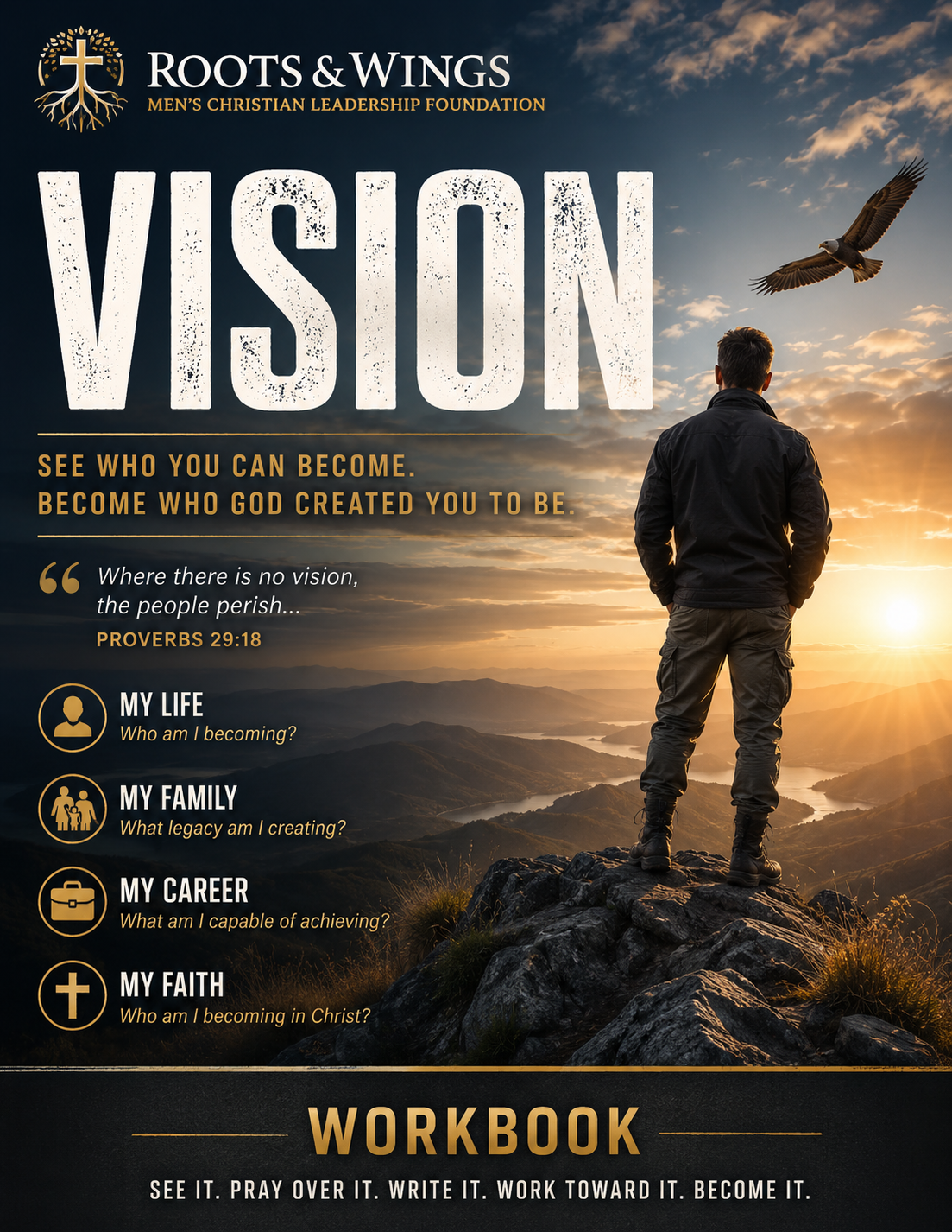 Vision workbook cover: See who you can become. Become who God created you to be. A man overlooks a sunrise, with reflections on life, family, career, and faith.